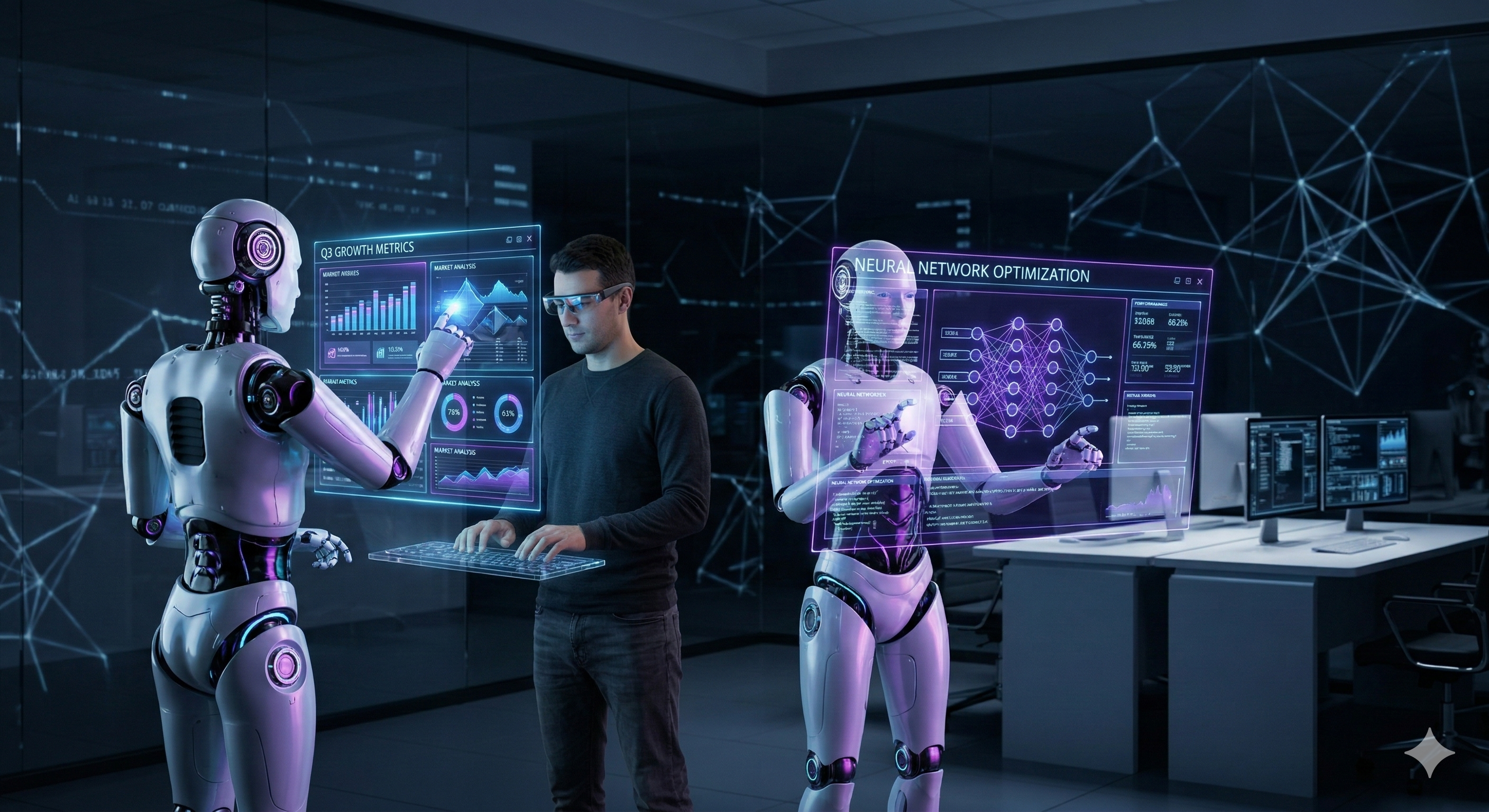 Robots colaborando con personas en un entorno de analítica avanzada